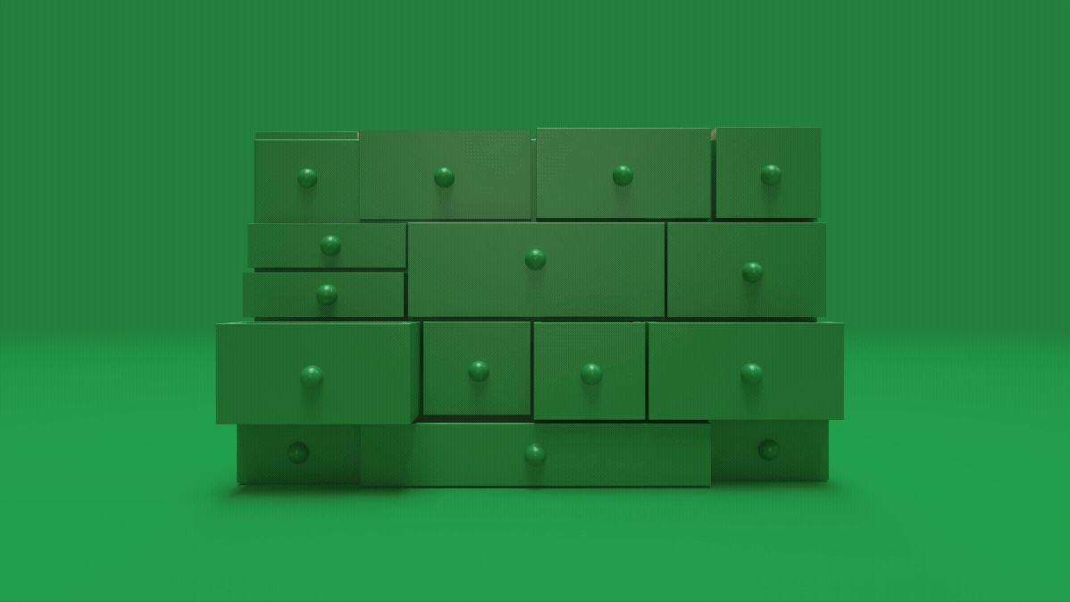 gavetas verdes a abrir e a fechar, estética 3d, sobre fundo verde.